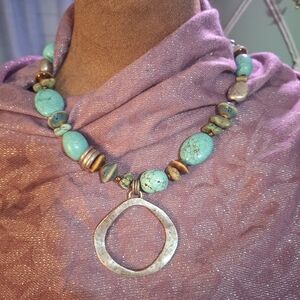 Vintage Coldwater Creek Turquoise Silver Brown Artisan Beaded Necklace O Pendant